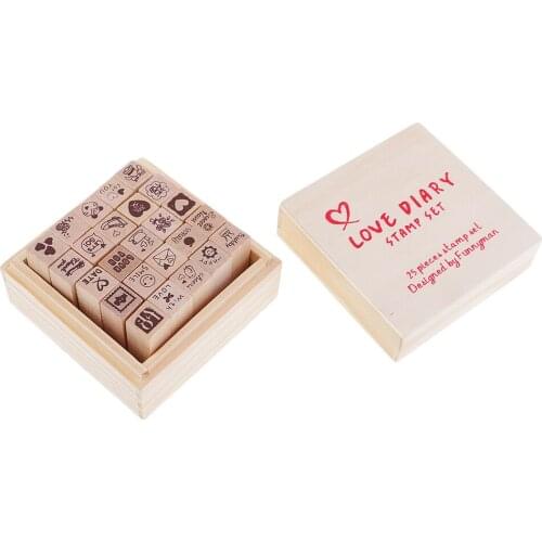 25pcs Cartoon Decoration Wooden Rubber Stamps Box For Scrapbooking DIY Diary
