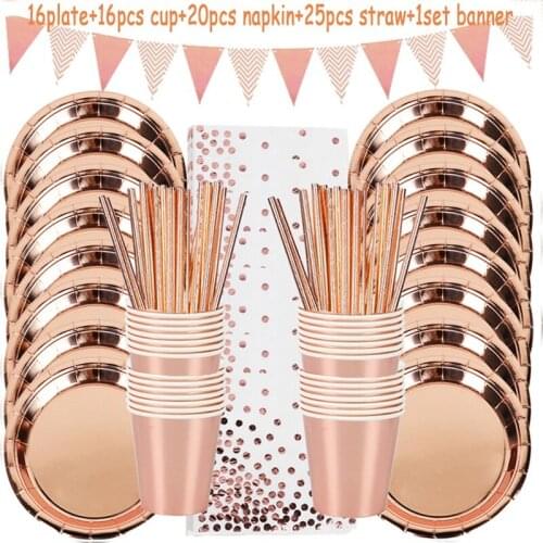 78Pcs Rose Gold Foil Dots Tablewares Paper Towel Cup Plate Disposable Set Adult Birthday Party Decor Wedding Tableware