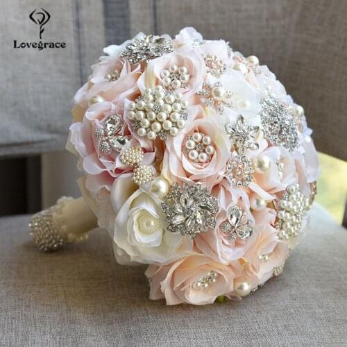 Lovegrace Bridal Bouquet Bridesmaid Wedding Rose Artificial Flower Luxurious Silk Rose Bouquet Pink Crystal Pearl Wedding Flower