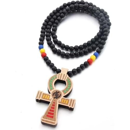Egypt Anka Cross Pendant Necklace For Men Woman Long Wooden Beaded Sweater Chain Wood Necklaces Fashion Jewelry