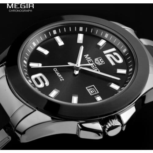 MEGIR Mens Simple Minimalism Steel Quartz Wrist Watches Black Silver Analogue Dress Clock Relogios for Business Man 5006G-BK-1