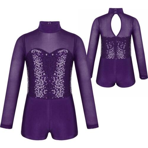 Kids Dancewear Long Sleeves Sparkly Sequins Tulle Splice Gymnastics Biketard Leotard for Girls Unitard Ballet Dance Costumes