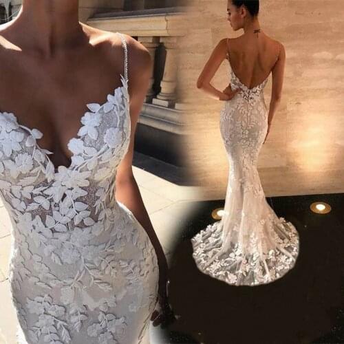 Sexy Backless Lace Mermaid Wedding Dresses Women 2020 Spaghetti Straps Beaded Bridal Gown Princess Dress Vestido De Noiva Sereia