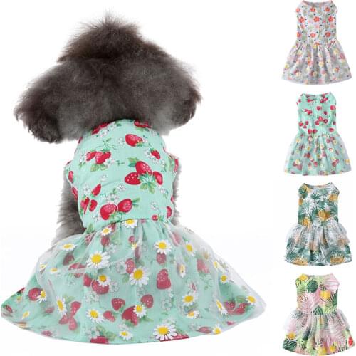 Lovely Floral Pet Skirt Strawberry Furit Tropical leaves Print Dog Clothes For Small Dogs Chihuahua Summer Mesh Princess Dress