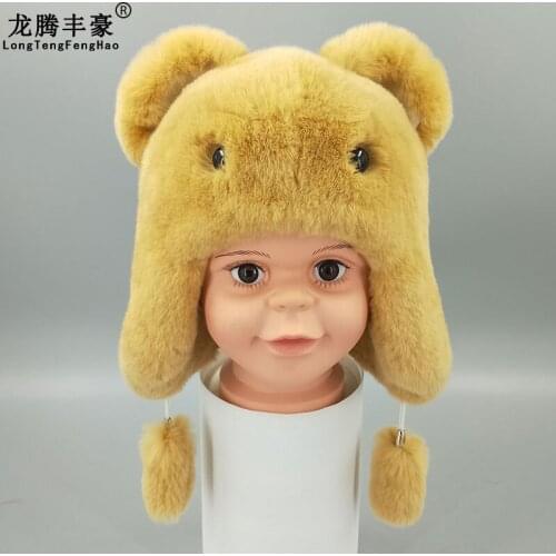 Cute Winter Bear Fur Hat Boys Girls Real Rabbit Hat Children Earmuffs Warm Fur Romber Hats Rabbit Fur Caps