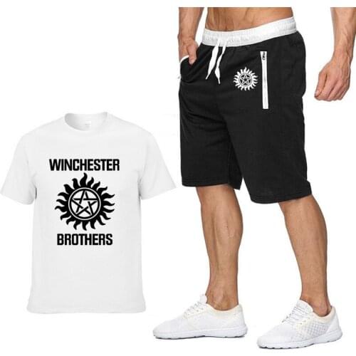 Fashion Summer Mens suits Supernatural Winchester Bros Printed Casual High Quality Mens short sleeve + shorts 2-piece set