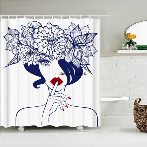 Cartoon Curtain Simple Figure Printed Shower Curtains Bathroom Beautiful Woman Flowers Decor with Hooks Polyester Bath Screen