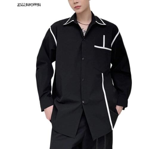 Men Black White Striped Long Sleeve Casual Shirt 2021 Spring Color-Blocking Binding Turn Down Collar Designer Loose Shirts