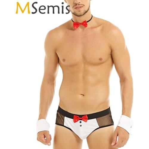 MSemis 3Pcs Men Sexy Lingerie Suit Set See Through Mesh Butt Splits Brief Underwear with Bow Tie Cuffs Costume Wedding Nightwear