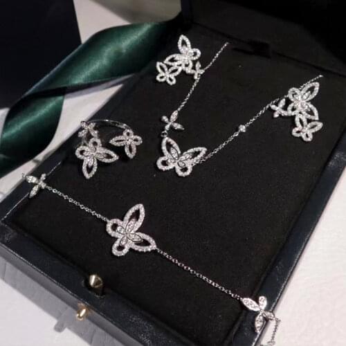 Hot Brand Pure 925 Sterling Silver Butterfly Jewelry Set, Luxury Bracelet, Engagement Wedding Ring Necklace Earring Jewelry
