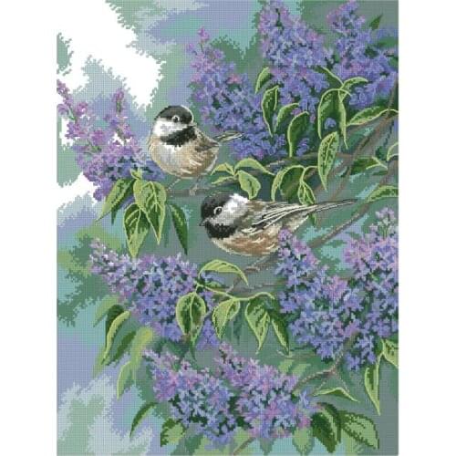 Chickadees and Lilac Purple Flower Cross Stitch Kits Crafts Top Quality Embroidery Needlework DIY 14CT Unprinted Decor Handmade