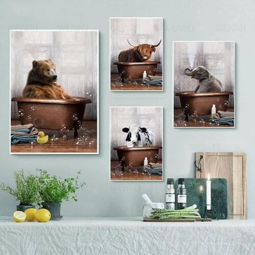 Nordic Wall Pictures Canvas Painting Wall Art Bathtub Animals Cow Bear Poster Elephant Yak Art Print Living Room Decoration Weiw