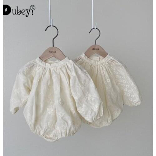 2021 New Bodysuits Korean Style Onesie Spring Summer Kids Girls Romper Lace Long Puff Sleeves Bodysuit Sweet Style Clothes