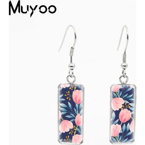 New Watercolor Floral Lily Rose Poppies Flowers Pattern Handcraft Jewelry Rectangle Glass Cabochon Fish Hook Earrings