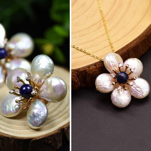 Handmade Natural Fresh Water Baroque Pearl Lapis Lazuli Necklace Stud Earrings For Women Gift Flower Fine Jewellery Accessories