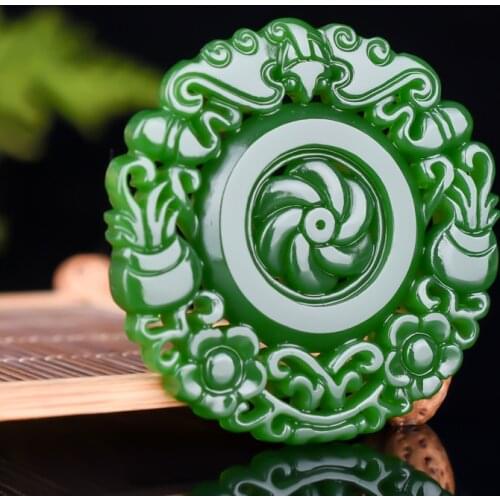Natural Green Hand-Carved Jade Chalcedony Flower Rich Pendant Necklace Jewelry Luck Luck Luck Luck Luck Luck Luck Luck