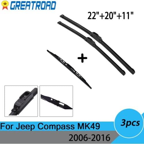 Wiper Front & Rear Wiper Blades Set Kit For Jeep Compass MK49 2006 - 2016 2007 2008 2009 Windshield Windscreen Window 22"20"11"