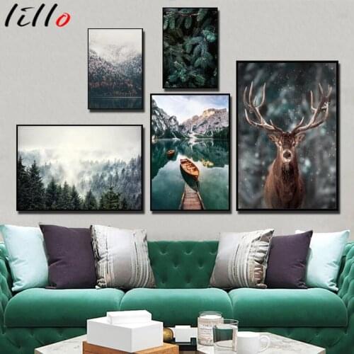 Nordic snow landscape forest deer poster animals lake boat christmas leaves mountain prints painting nature image decoration