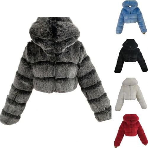 Autumn Winter Faux Fur Women Cropped Short Jacket Coat Women Fluffy Zip Thick Plush Warm Fur Hooded Coat Women Outwear Overcoat