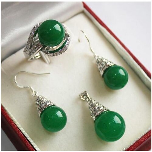 High quality 925 silver plated 12mm green fine stone pendant, earring adn ring jewelry sets free shipping