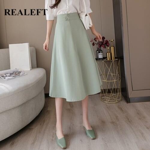 REALEFT New 2020 Spring Summer Umbrella Skirts High Waist Button Workwear A-Line Skirt Korean Style Elegant Midi Skirt Female