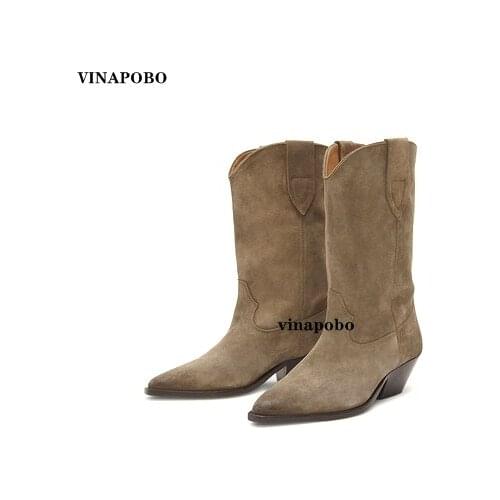 Vinapobo Womens Boots Autumn Winter Fashion Mid-Calf Flat Boots Ladies Shoes Leather Ankle Boots For Women Zipper Botas Mujer