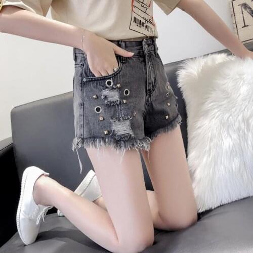 Smoke Gray High Waist Denim Shorts Female Summer 2021 Korean New Rivet Hole Raw Edge A-line Wide-leg Short Pants Women Y790
