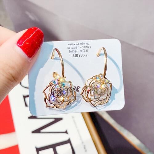 Fashion Hollow Pierced Rose Flower Earring Charm With Zirconia Gold Color High Quality Earrings For Female Wedding Band Gift