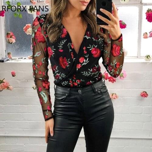 Mesh Floral Embroidery Plunge Blouse Womens Tops and Blouses