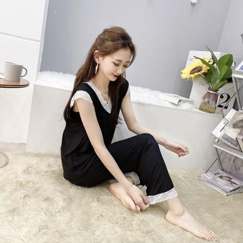 Summer 2021 new Wide Sleeveless Lace Suit plus Size Plump Girls Womens Home Wear SLEEPWEAR VEST+ Pants 2 PIECES SET Pajamas