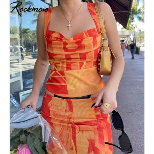 Rockmore Two Pieces Set Printed Summer Y2K Sets Women 90s Vintage Beach Long Skirts Suits Fashion Orange Sexy Print Camis Sets