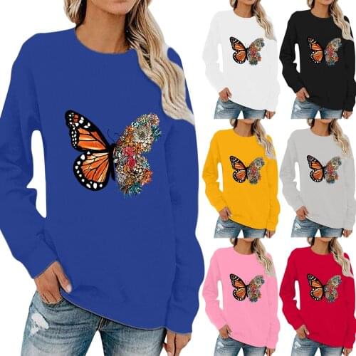 Womens Casual O-Neck Animals Pattern Long Sleeve Top Pullover Sweatshirt Butterfly Print Spring/Autumn Multicolor Clothing