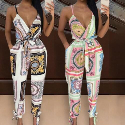 New Cropped Jumpsuit Ethnic Print Spaghetti Strap Women V Neck Waist Tied Ankle Tied Jumpsuit for Vacation