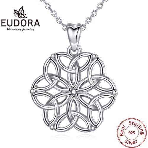 EUDORA 925 Sterling silver Flower of life Pendant Necklace with Celtics Knot design Fashion Jewelry For Women Birthday gift D416