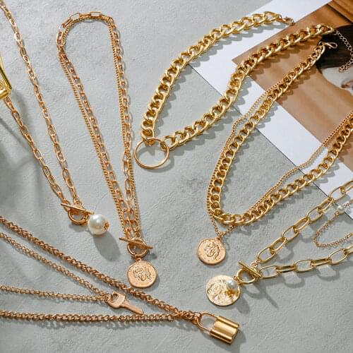 Fashion Vintage Multi-layer Pearl Necklaces For Women Gold Metal Portrait Hanging Necklaces 2021 Trend Female New Party Jewelry