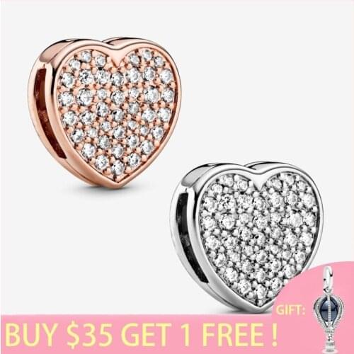 2020 Genuine New S925 Sterling Silver Beads Crystal Pave Heart Clip Charms fit Original Pans Bracelets Women DIY Jewelry