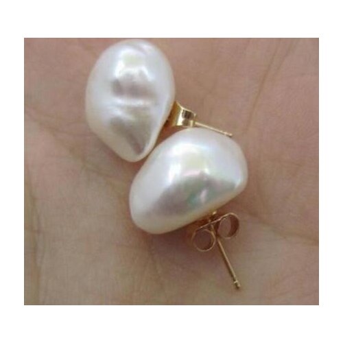 Noble jewelry charming sea baroque 10-11mm white pearl earring 14K/20 YELLOW GOLD