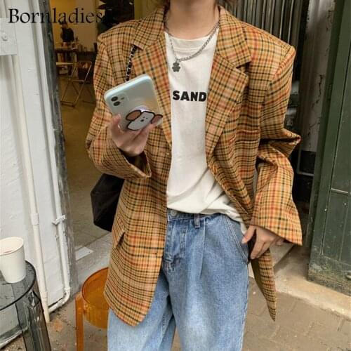 Bornladies Korean Plaid Women Work Blazer Jacket Casual Double-breasted Sashes Suit Jacket Female Slim Female Blazer Outwear