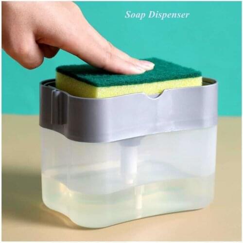 Dish Soap Dispenser Bottle for Liquid Soap Kitchen Sink with Sponge Holder Bathroom Manual Press Soap Container for Countertop
