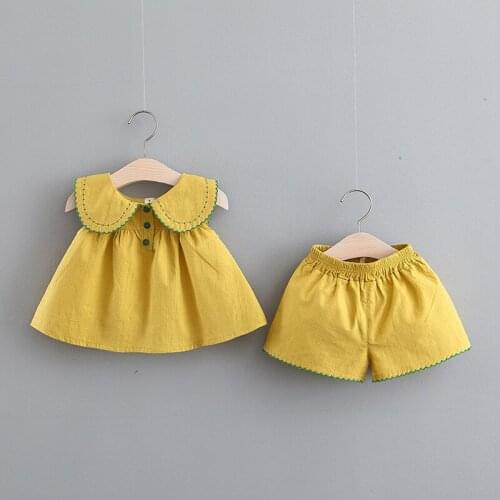 Kids Girls Clothing Sets Summer Peter Pan Collar Baby Girls Clothes Top+Shorts 2Pcs Children Clothes Suits yellow 0-2Y