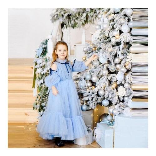 Elegant Blue Tulle Flower Girl Dresses Cap Sleeves High Neck Ruffles Kids Pageant Gowns For Photo Shoot 2021