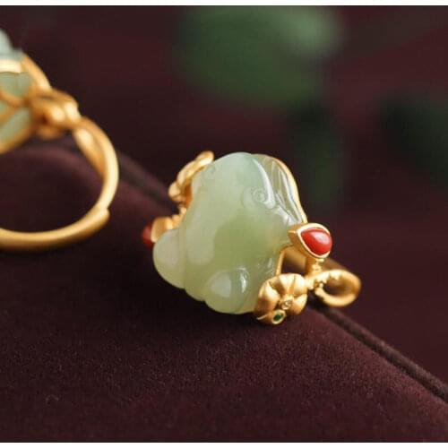 Natural Hetian Jade Green Jade Lucky Frog Ring S925 Sterling Silver Vintage Auspicious Frog South Red Ring Ornament