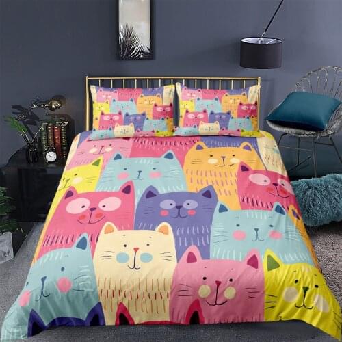 Cartoon Cats Digital Print Bedding Set Colorful Quilt Cover Designer Cute Kids Adults Bedclothes Decor Home