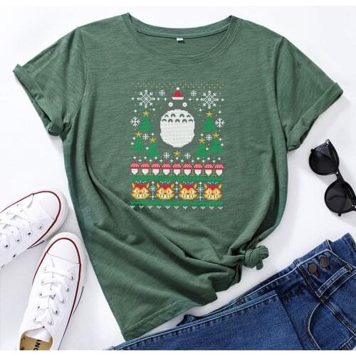 Women Cotton Christmas T Shirt Cartoon Print Graphic Tee Kawaii Top Female Shirts Clothes Casual Lovely Girls Short Sleeve Shirt