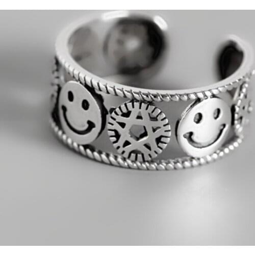 Fashion happy smiley ring punk hip-hop geometric round ring opening adjustable retro silver ladies ring jewelry party gift
