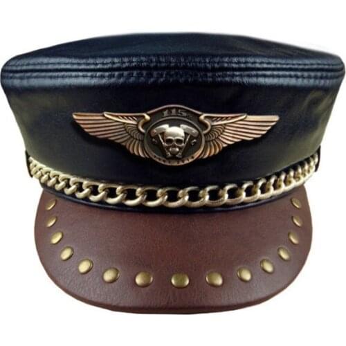 Motorcycle Biker Genuine Leather Flat Hat Punk Rock Metal Chian Rivet Navy Hat Skull Badge Cowhide Military Hats For Men Women