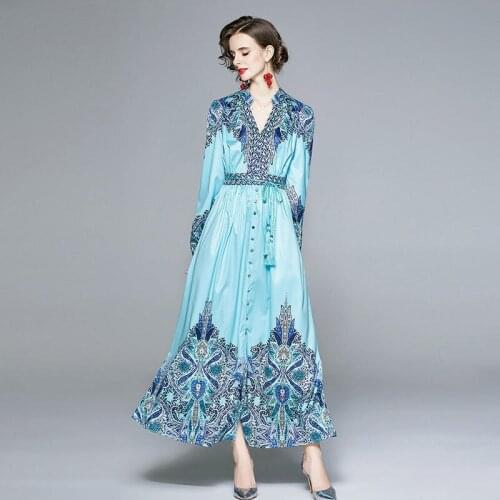 High-End 2021 New Long Large Swing Sexy Women Designer Dress Fashion Slim French Retro Printing Vestido Vfemage Vintage Oodji