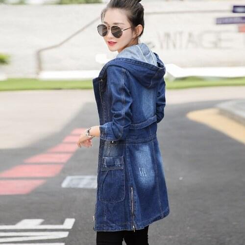 Autumn Hooded Women Jacket Loose Fit Long Style Preppy Denim Female Outwear Coat Zipper Washed Scratch Jeans Casaco Feminino
