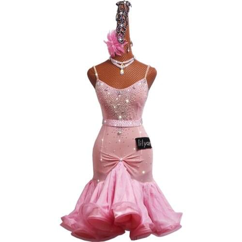 Latin Dance Competition Dress Performing Dress Adult Womens Light Pink Childrens Fishtail Skirt #LD0072