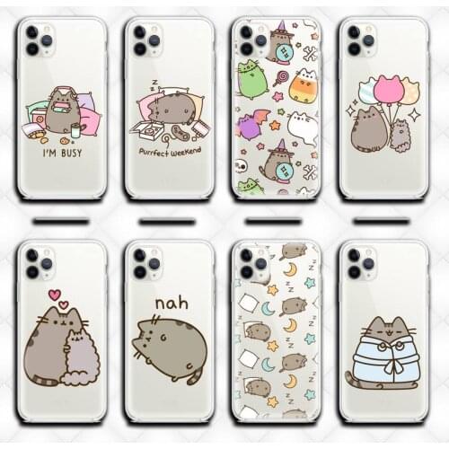 Cute Cartoon Cat Pusheens Phone Case Clear For iphone 12 11 Pro Max Mini XS Max 8 7 6 6S Plus X 5S SE 2020 XR cover